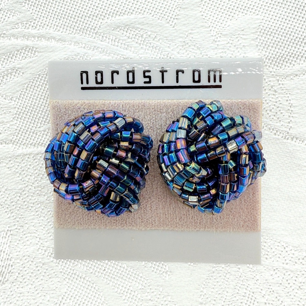 Vintage Nordstrom Shiny Iridescent Blue Seed Beads Round Posted Earrings‎